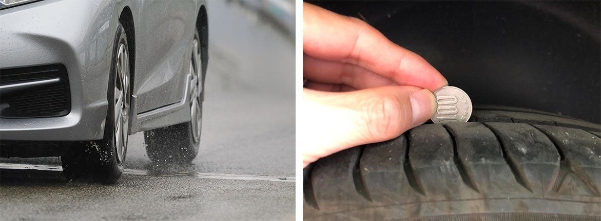 雨天時の走行と100円硬貨を使用したタイヤの残り溝点検方法