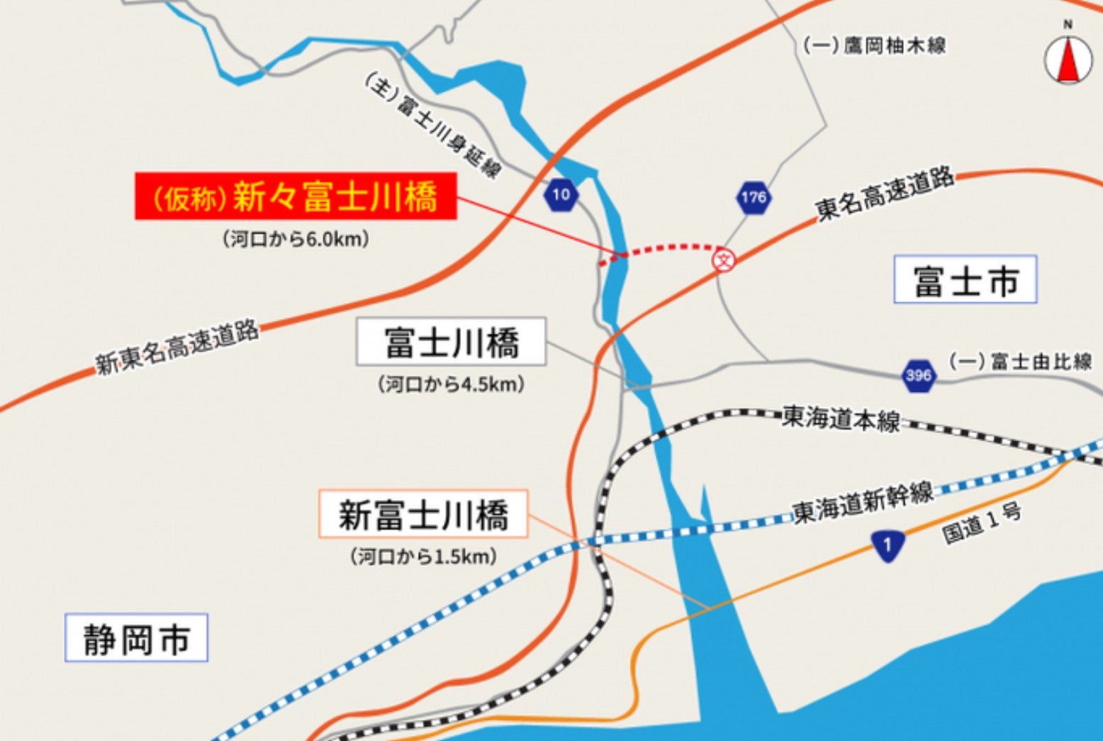 富士川平野部の橋を示した地図