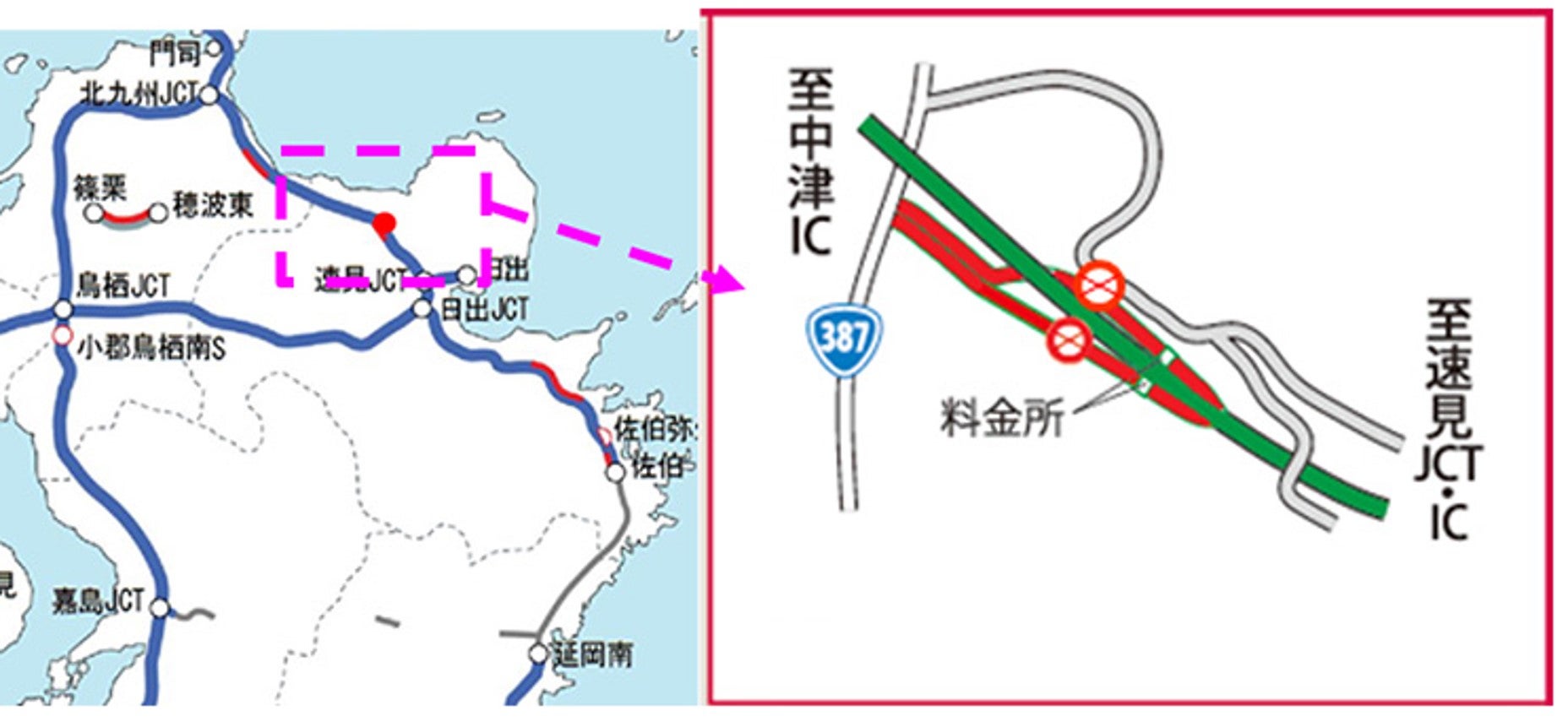 東九州道・院内ICの場所と閉鎖箇所の地図