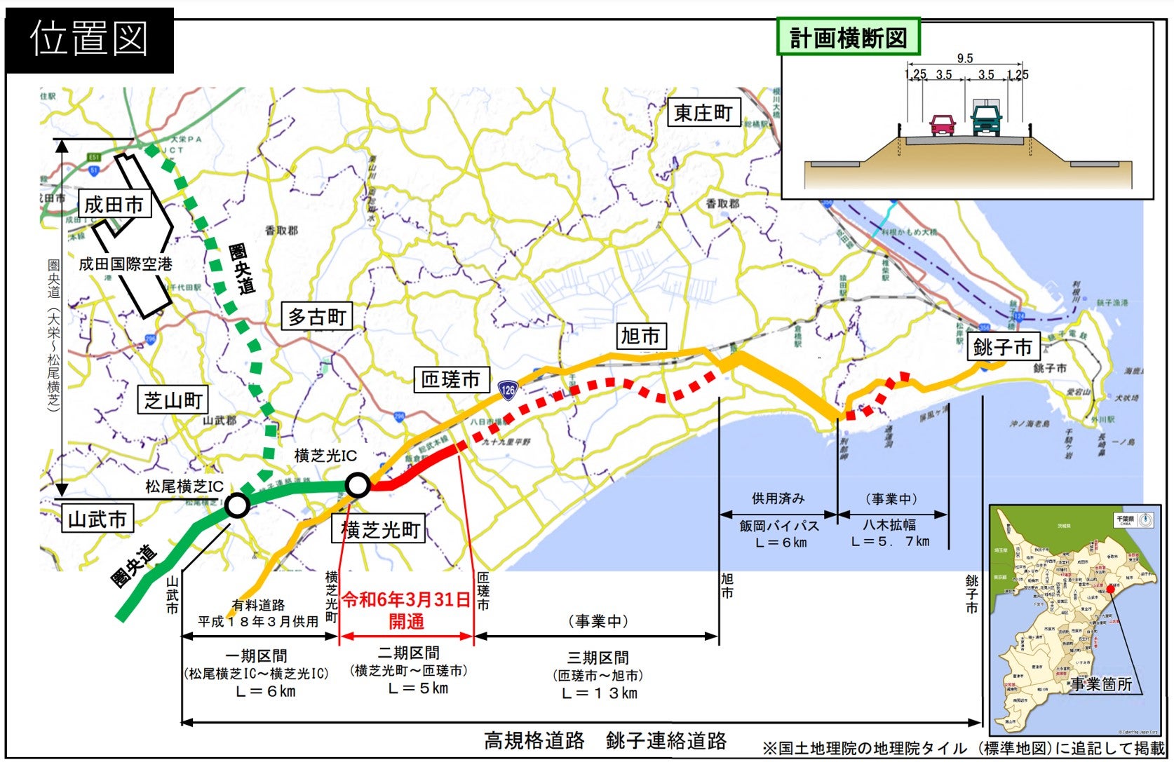 銚子連絡道路の横芝光町～匝瑳市間の地図