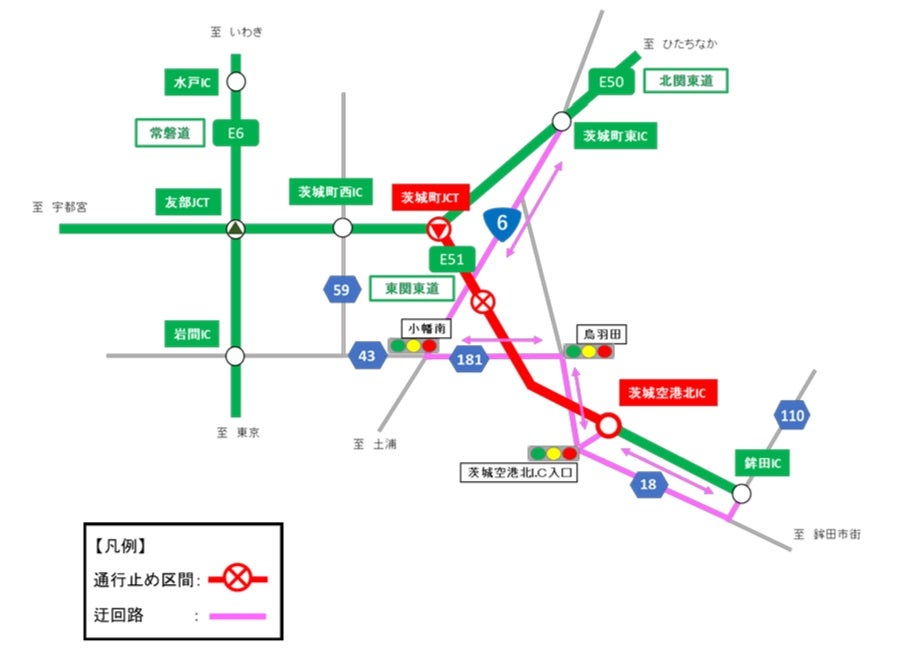 東関東道（茨城空港北方面）⇔北関東道（宇都宮方面）間の迂回路