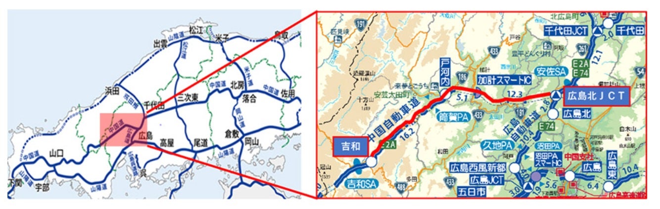 中国自動車道 吉和IC～広島北JCT間　上り線（大阪方面）の夜間通行止区間