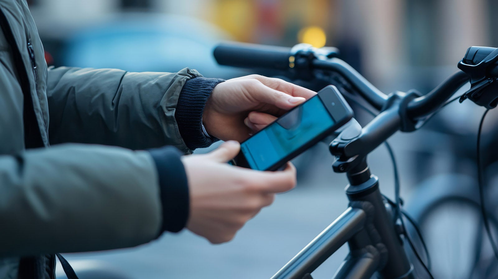 自転車の横でスマートフォンの操作をしている様子