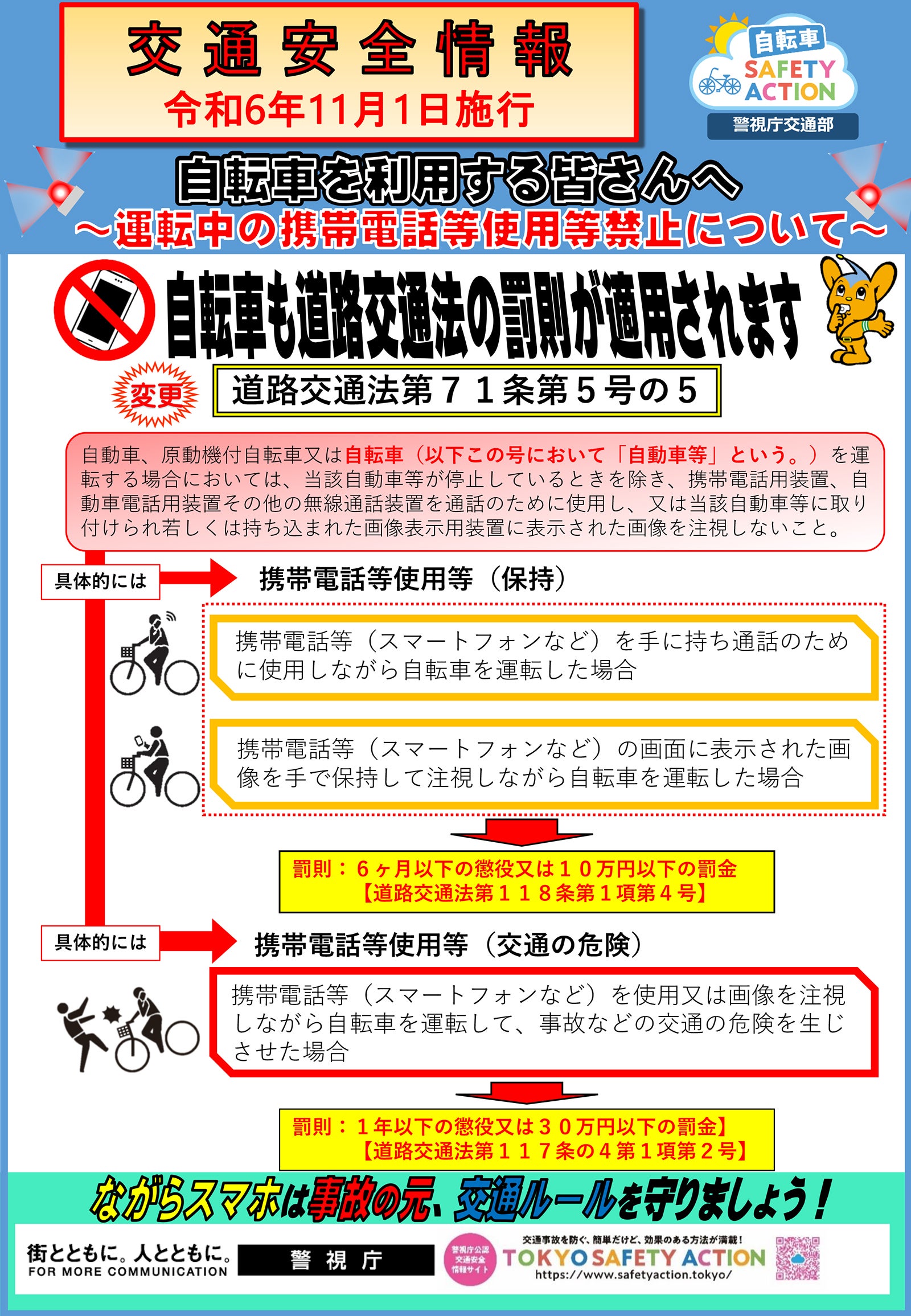 自転車の新たな罰則を周知する警視庁のポスター