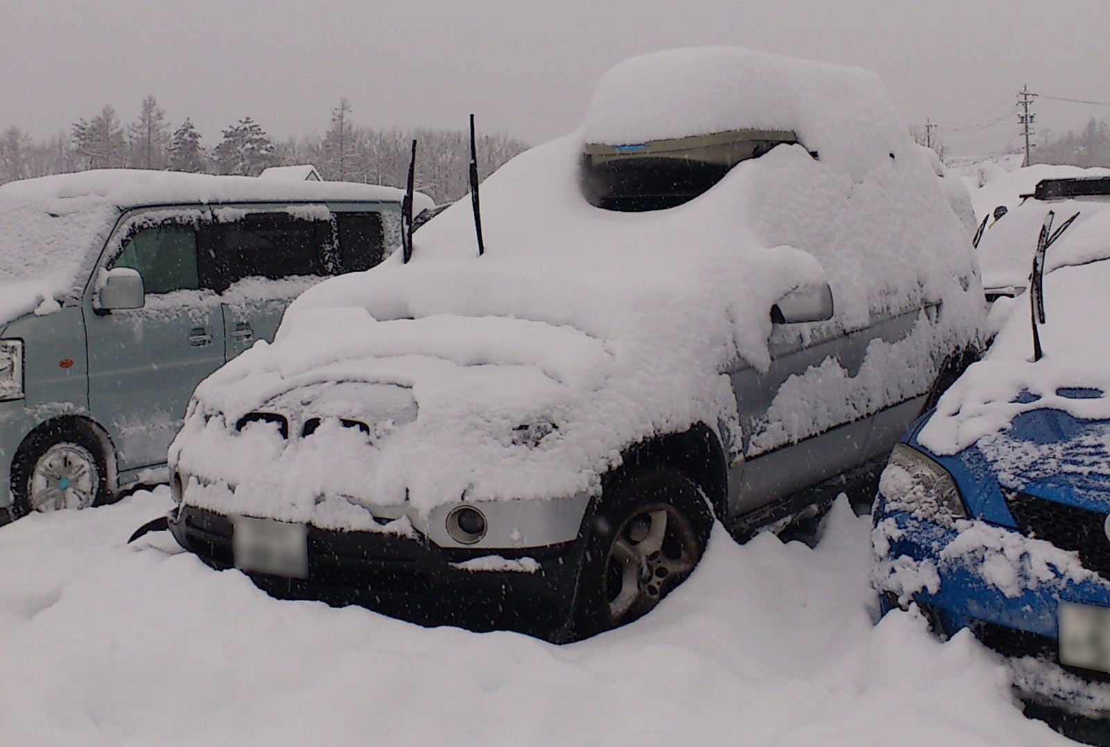 ボディに雪が積もったクルマ