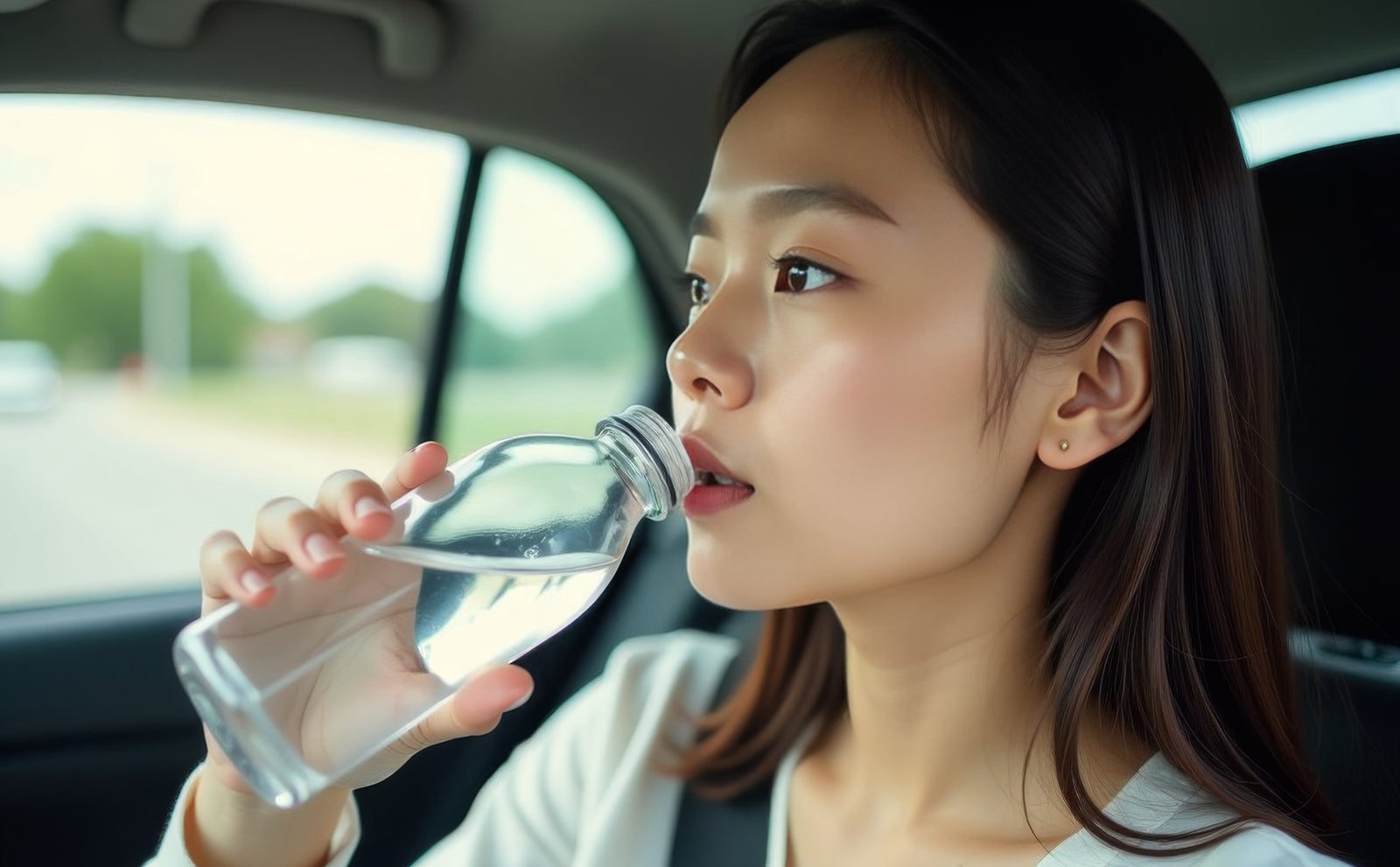 車内で水を飲む女性