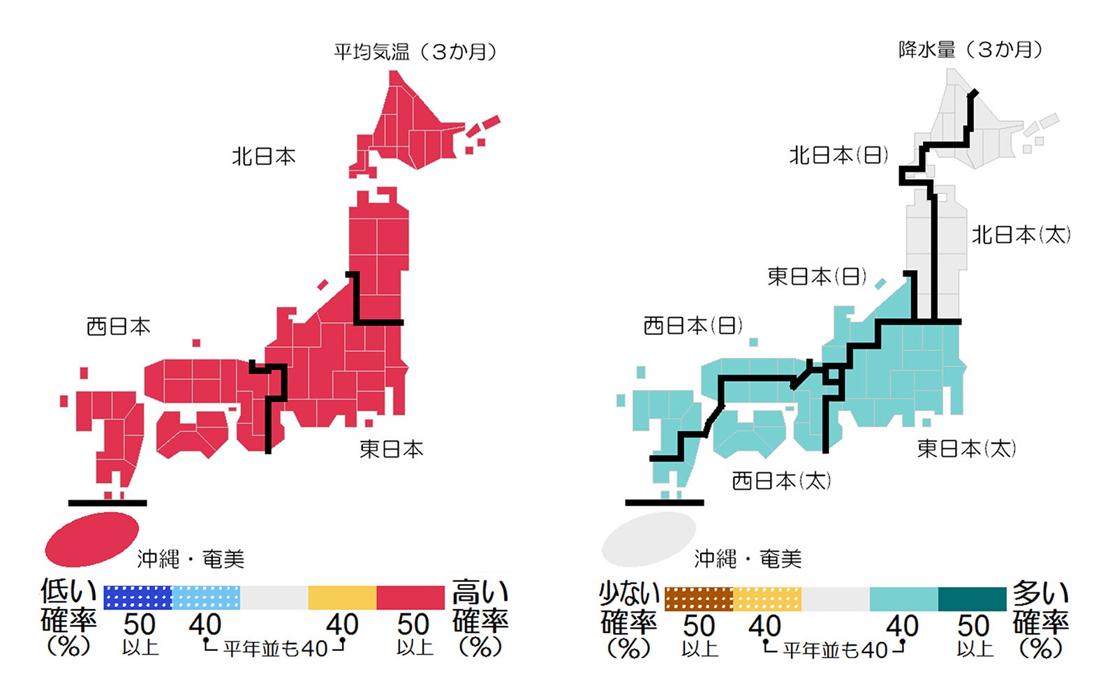 気象庁発表の6～8月の平均気温と降水量予報図