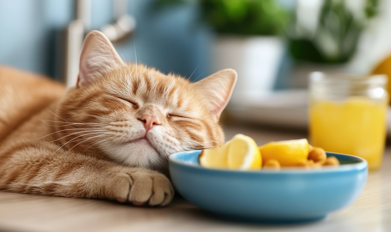 おやつを食べて寝ている猫