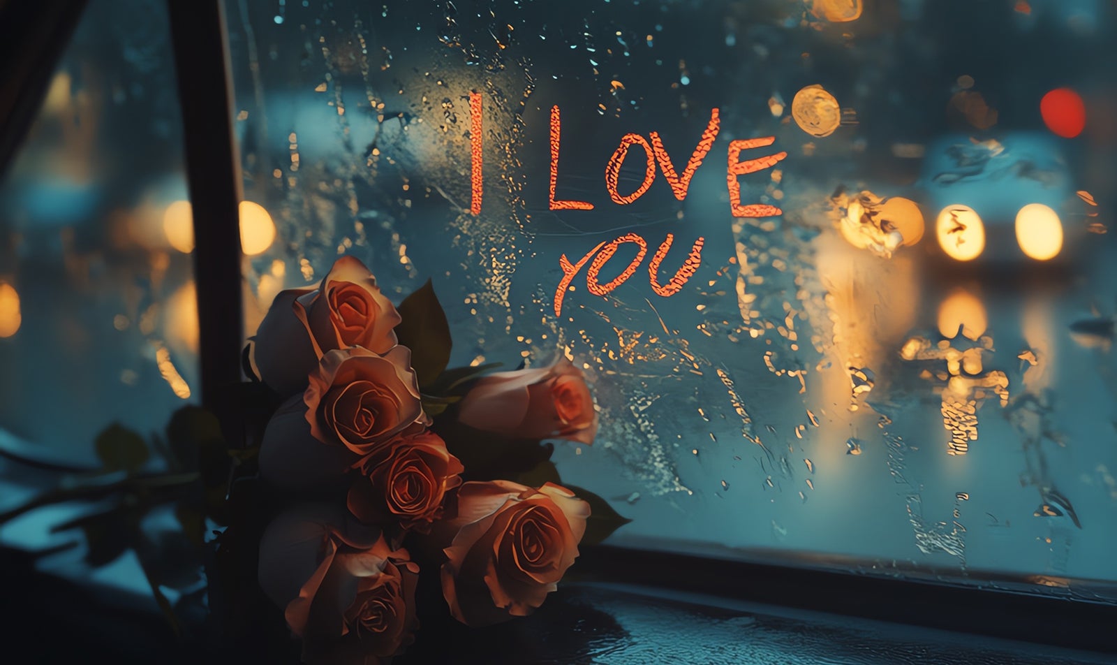 雨に濡れる車窓に「I love you」とルージュで書かれているイメージ画像
