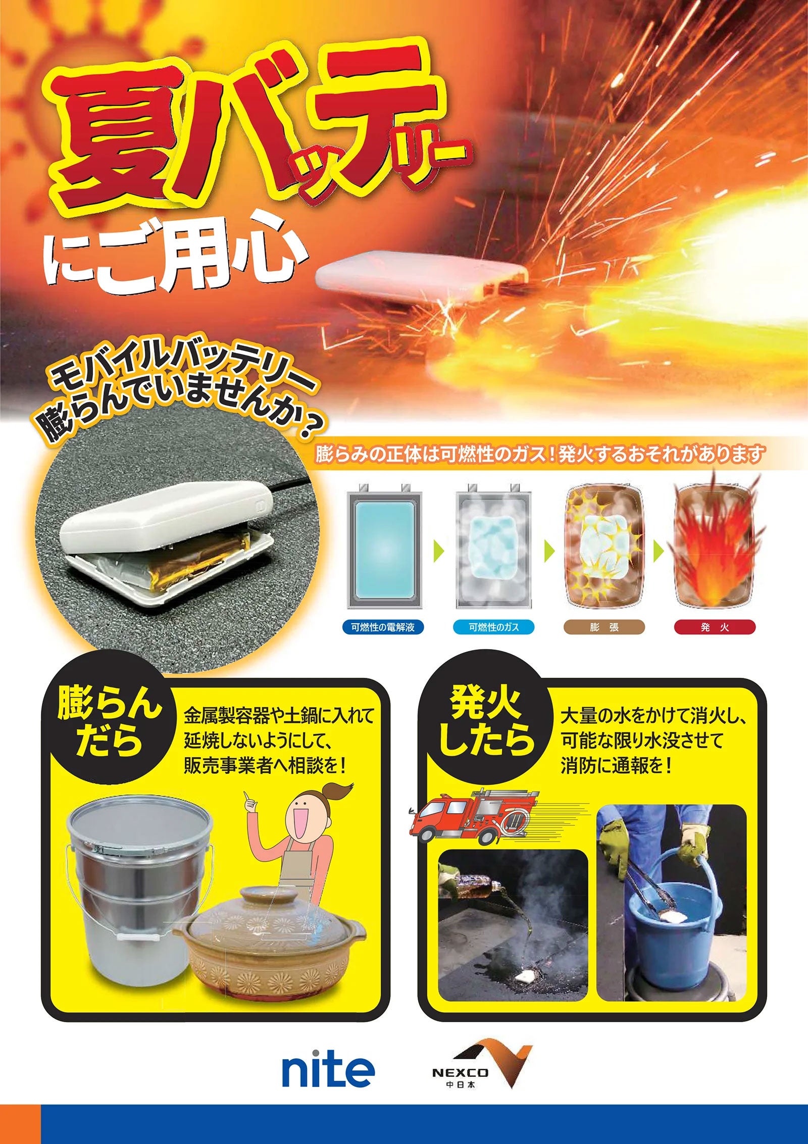 モバイルバッテリー発火の注意喚起ポスター