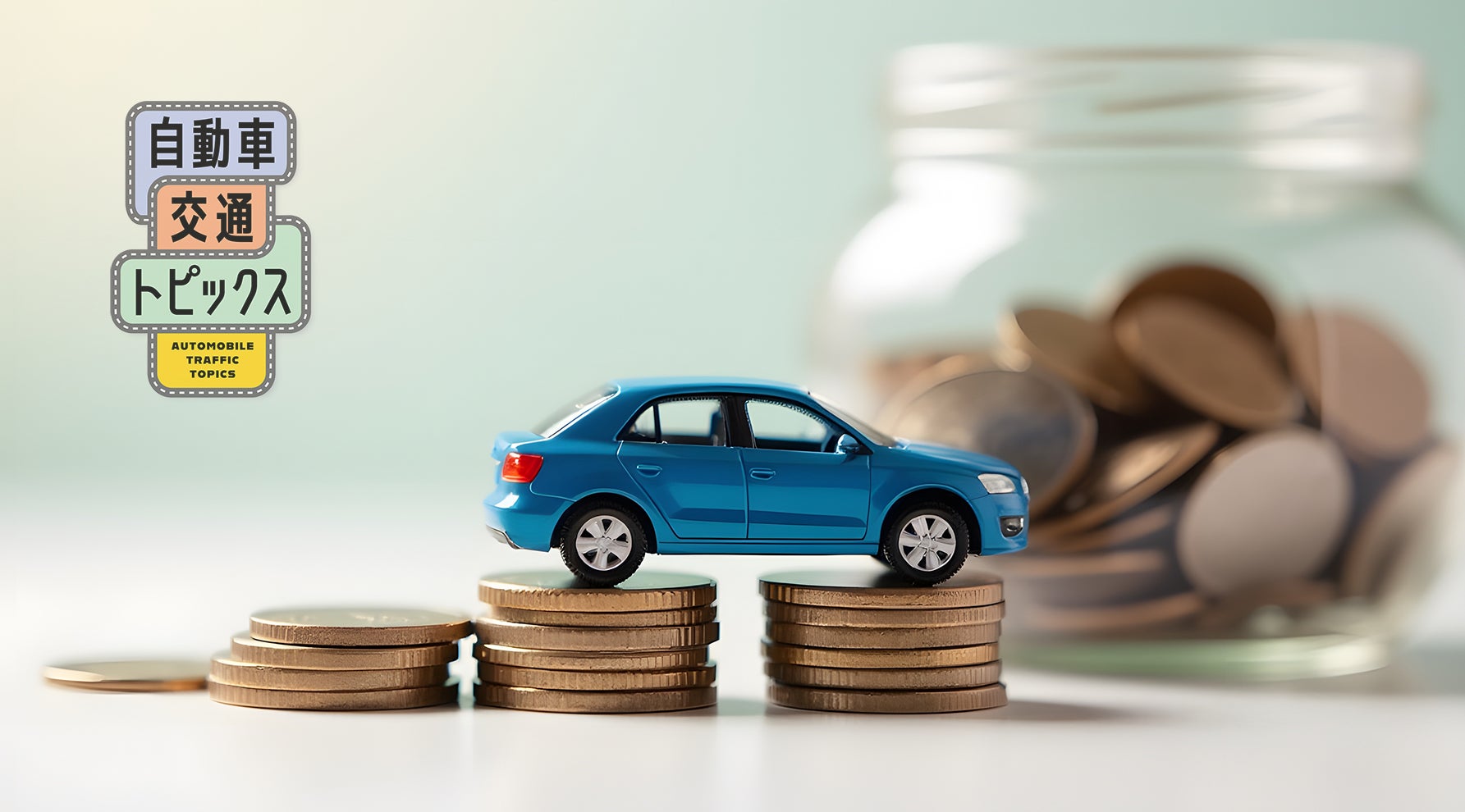 残価設定型クレジットと自動車ローンの比較イメージ。青いミニカーが3つのコインの山の上に乗っている。 背景には、コインがたくさん入ったガラス瓶が置かれている。