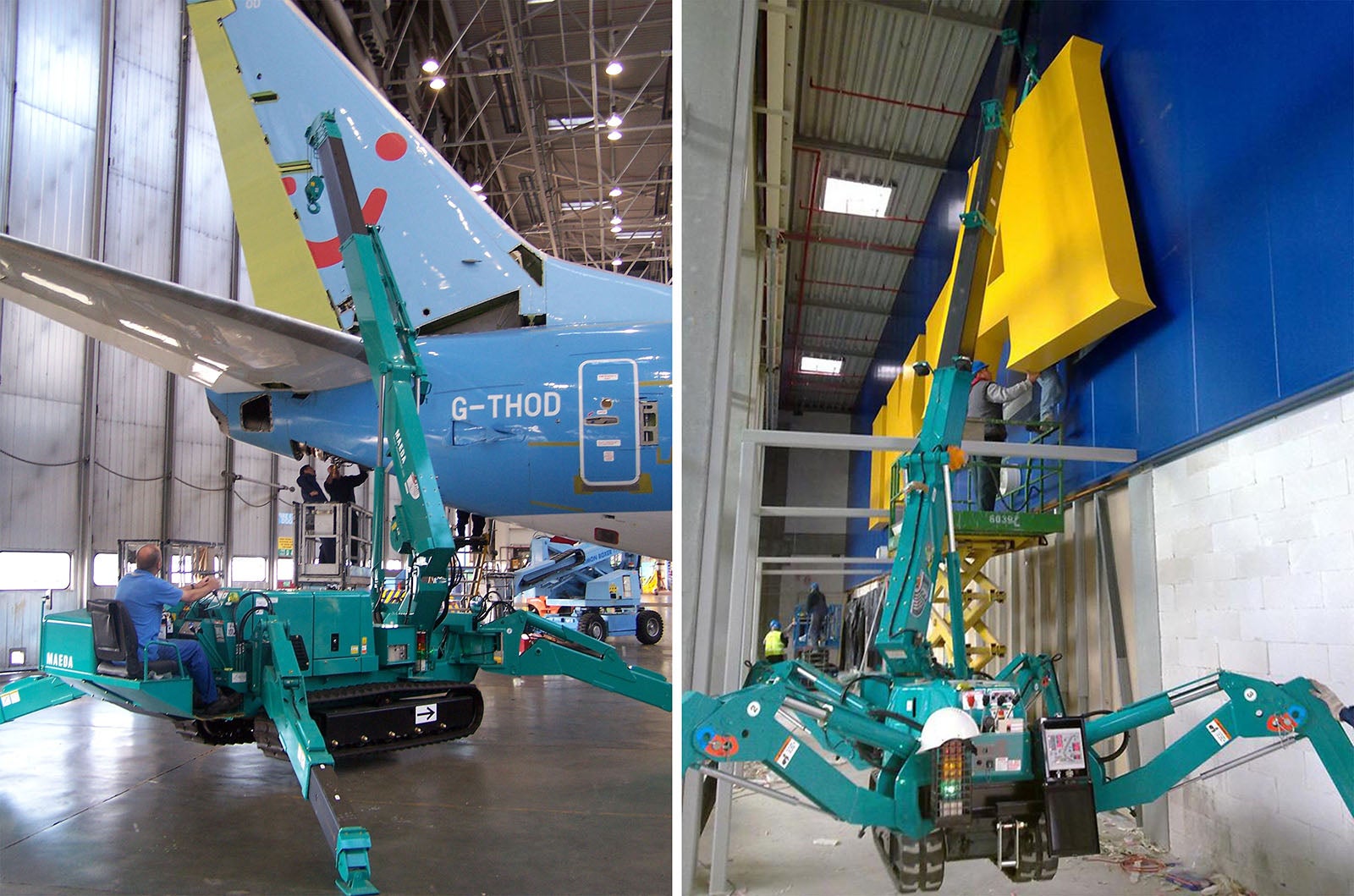 かにクレーンの作業実例（飛行機組み立て/室内での看板設置）