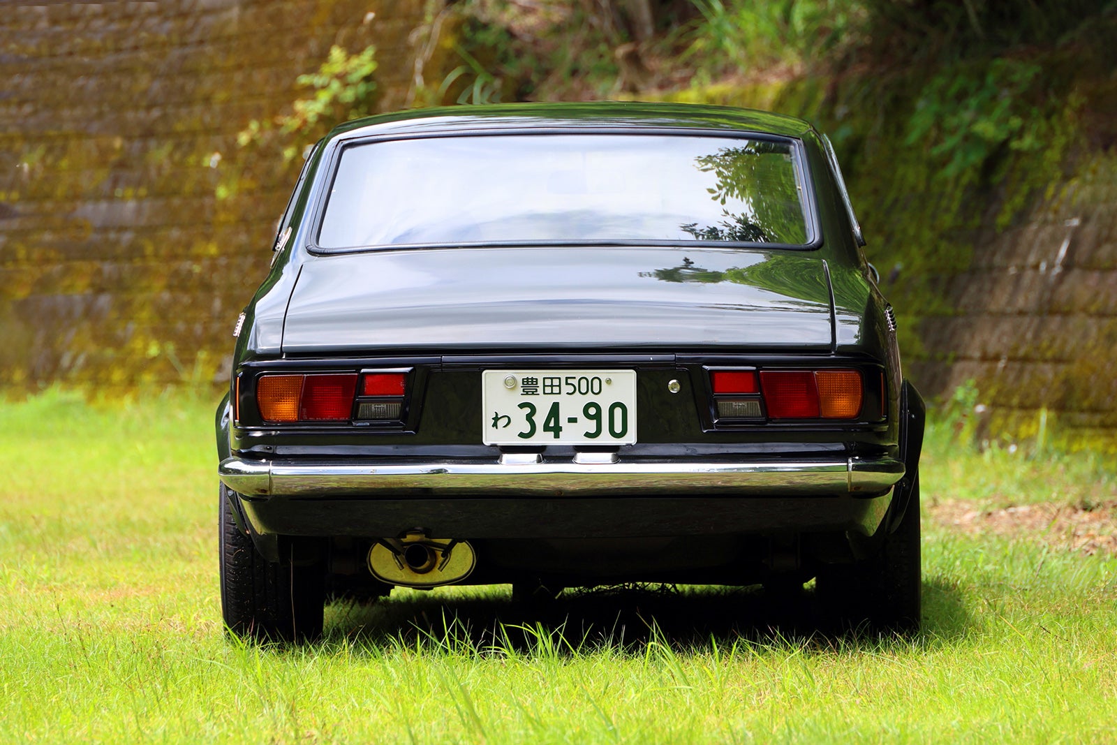 草地に停車した1974年式トヨタ・カローラレビンTE27型。モスグリーンの後方ナンバープレート「34-90」表示