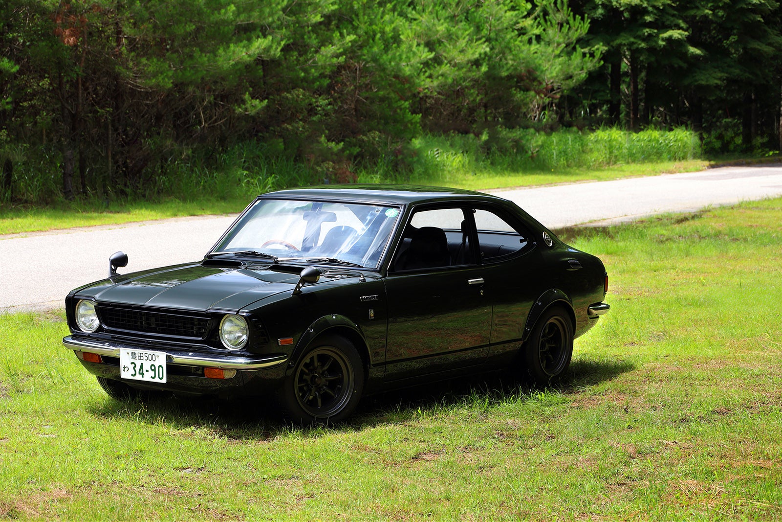 緑に囲まれた草地にモスグリーンのTE27カローラレビンが停車している。ナンバープレートは「34-90」