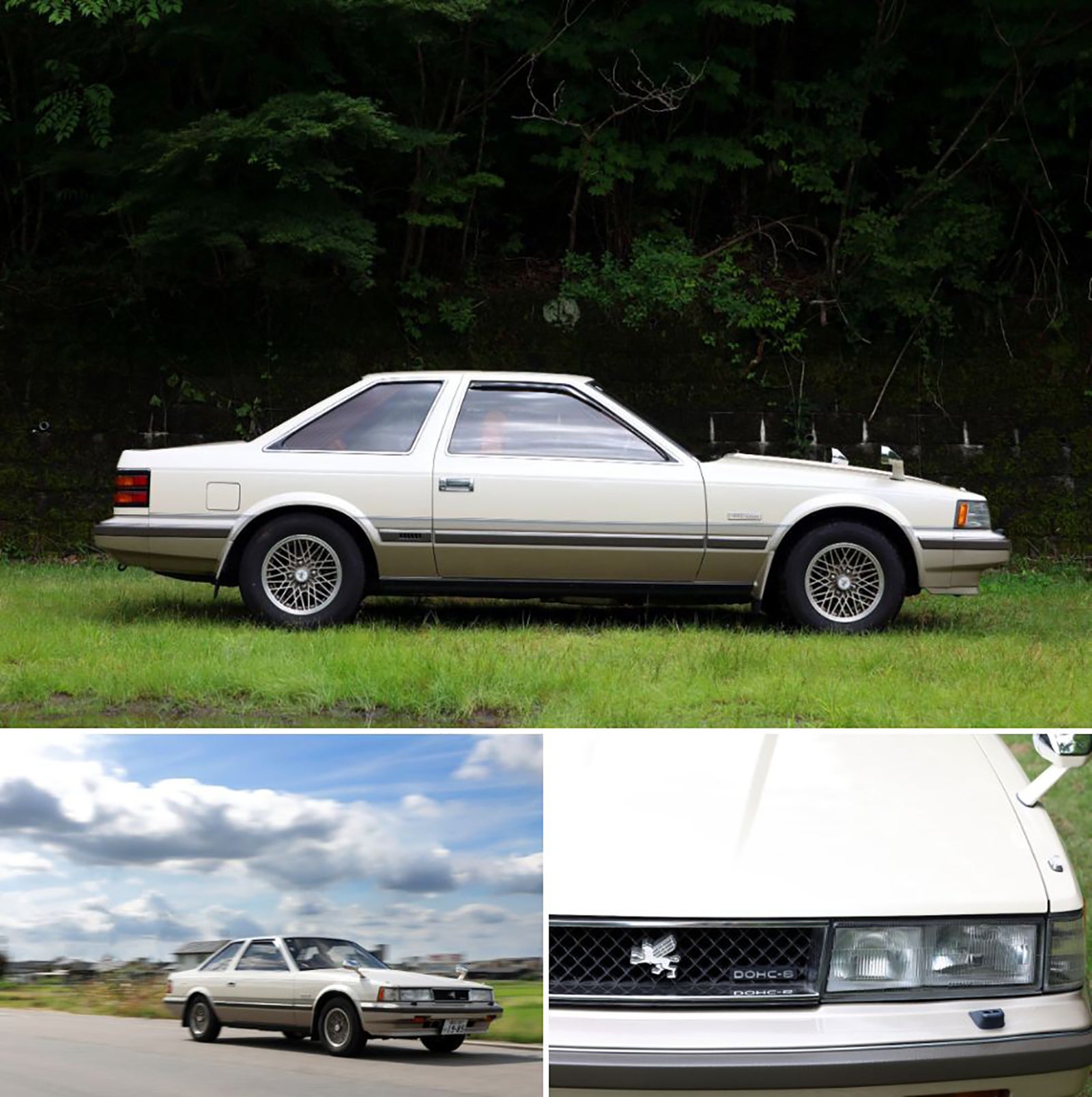 ALT/上段(サイドビュー):トヨタ ソアラ 初代 2800GT 2トーンカラー サイドビュー 外観写真」 左下(走行シーン):1980年代の旧車 トヨタ ソアラ  走行シーン 右下(フロントマスク):トヨタ ソアラ 「DOHC-6」と書かれたフロントグリルとエンブレム