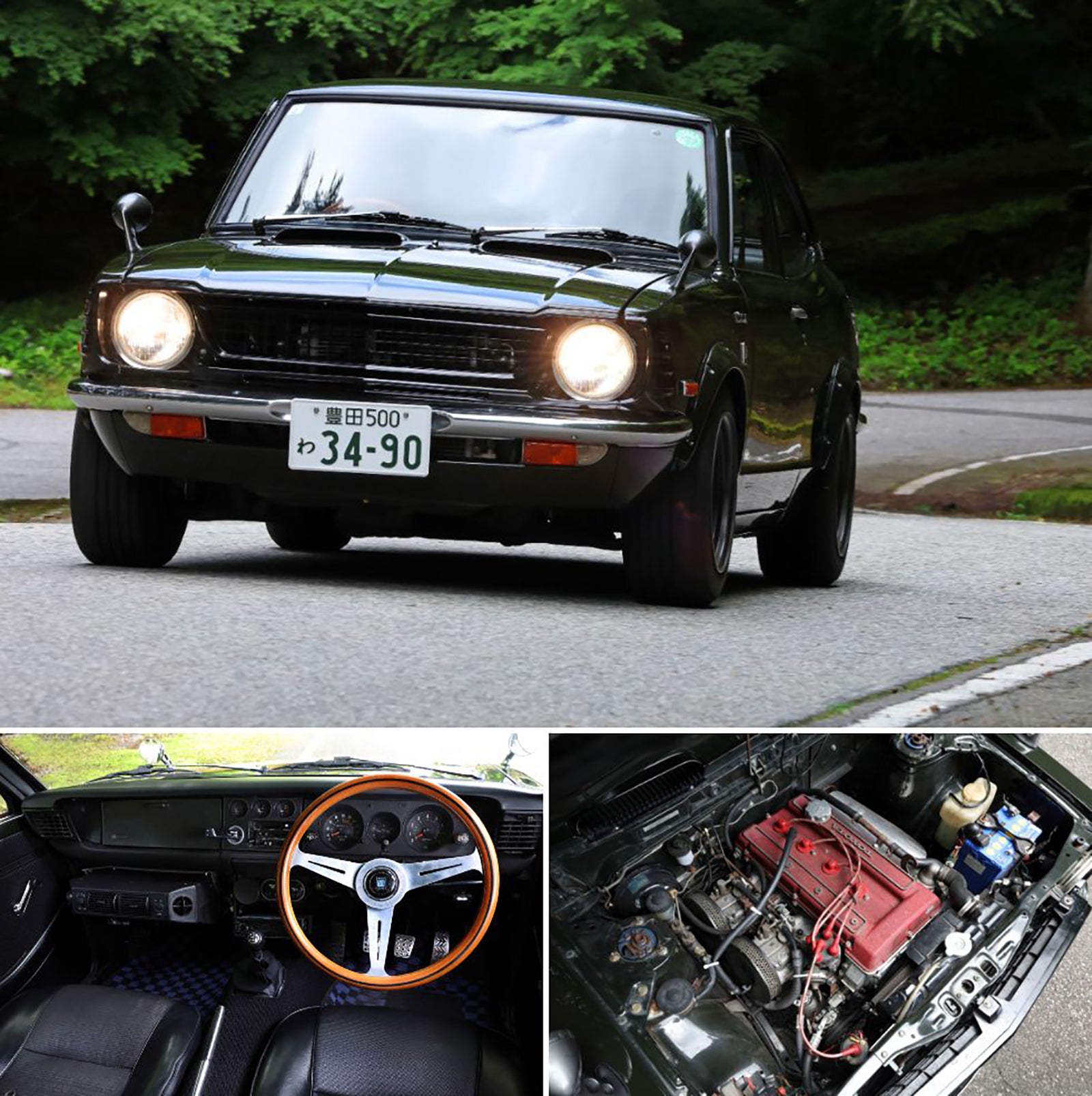 1970年代のカローラ・TE27レビン。モスグリーンのボディーと丸型ヘッドライトが特徴のクラシックカー。木製ステアリングとレトロな内装、赤いツインカムヘッドが映える旧車レンタカー