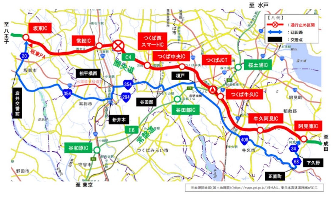 迂回ルート(坂東IC~阿見東IC)(画像=NEXCO東日本)