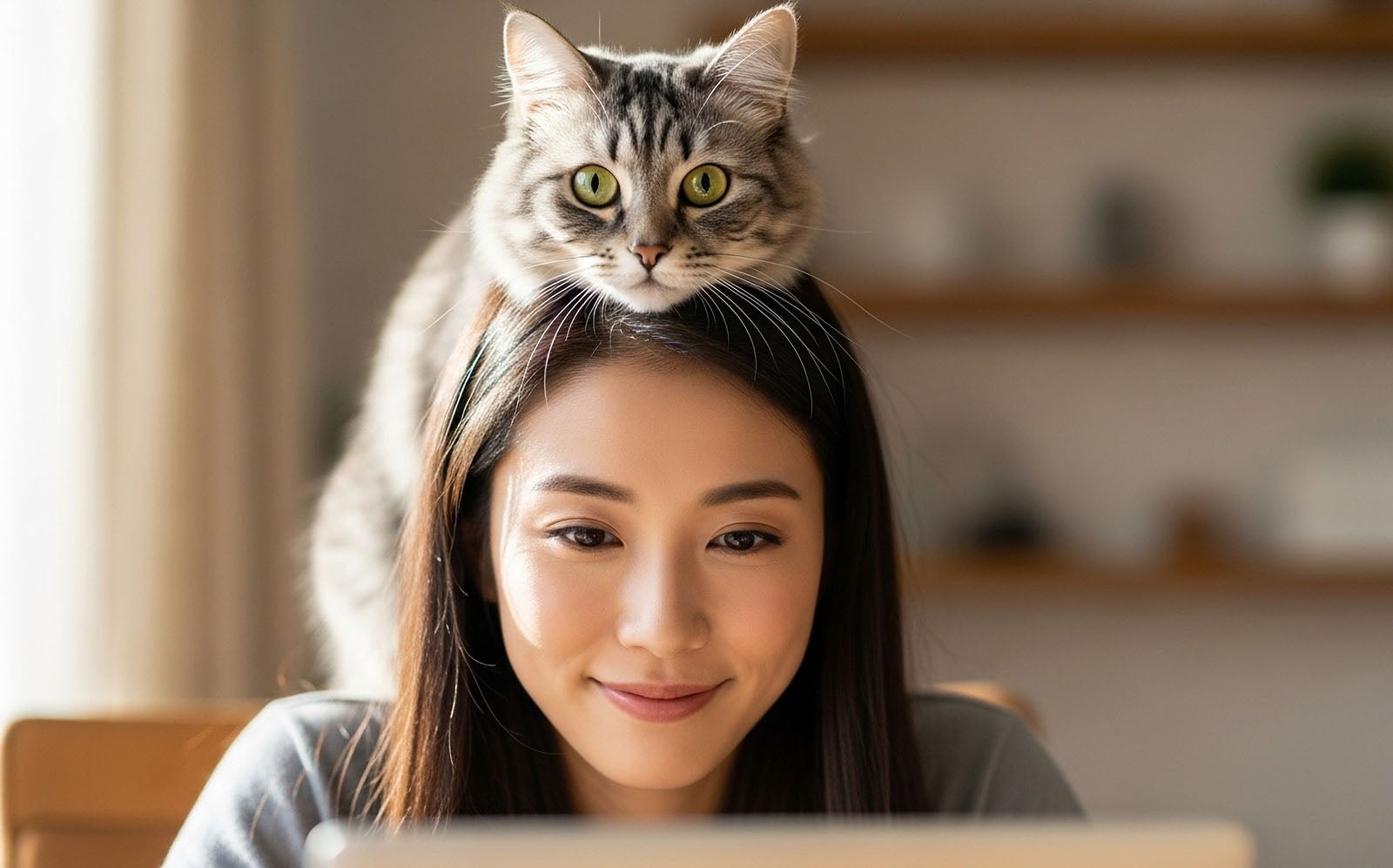 愛猫を頭に乗せてパソコン作業をする女性
