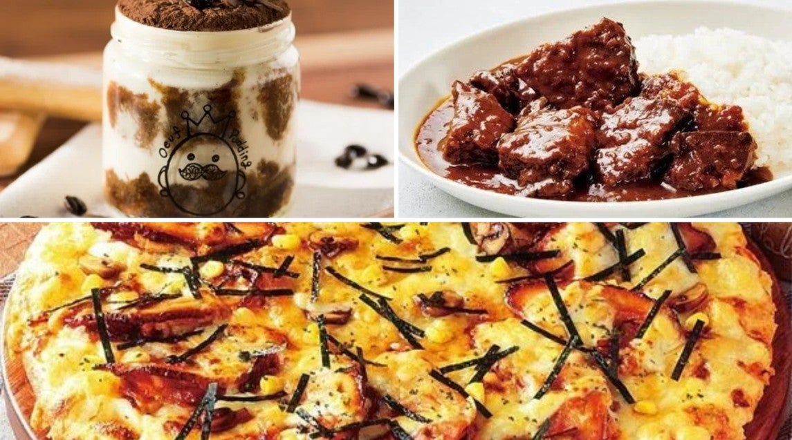上左から大阪プリン専門店　うっふぷりん　『ティラプリ』、GIBIER ALL STARS KITCHEN　『ジビエカレー』、ピザーラ　『テリヤキチキンピザ』