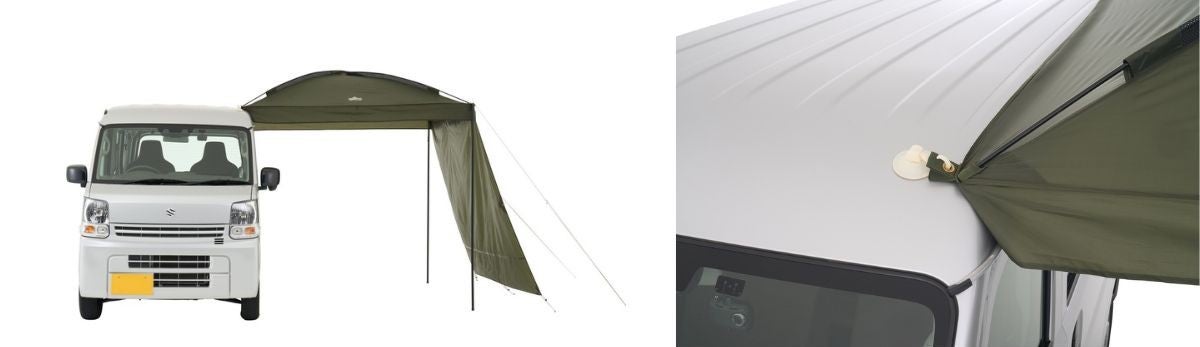 カーサイドタープとの接続をクルマの正面から見た写真と吸盤部分