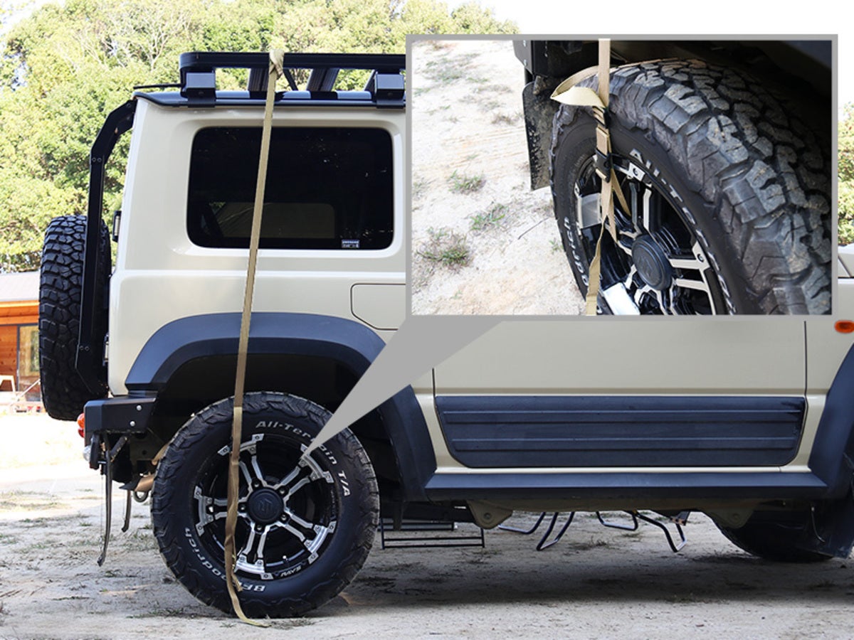 ホイールにバックル付きベルトを装着した真横の写真とそのアップ