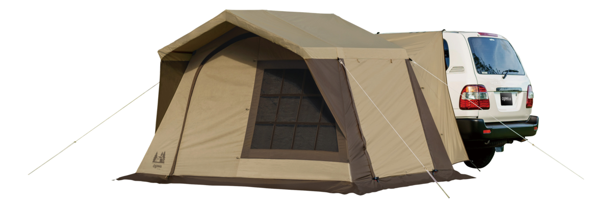 ロッジタイプのカーサイドタープを接続した切り抜き写真