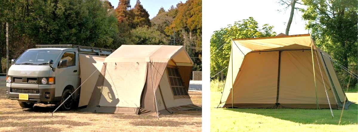 カーサイドタープを接続したハイエースとカーサイド単体設営の2枚組写真