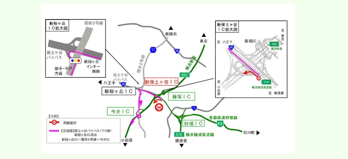 横浜横須賀道路 → 横浜新道下り線の迂回ルート(画像＝NEXCO東日本)