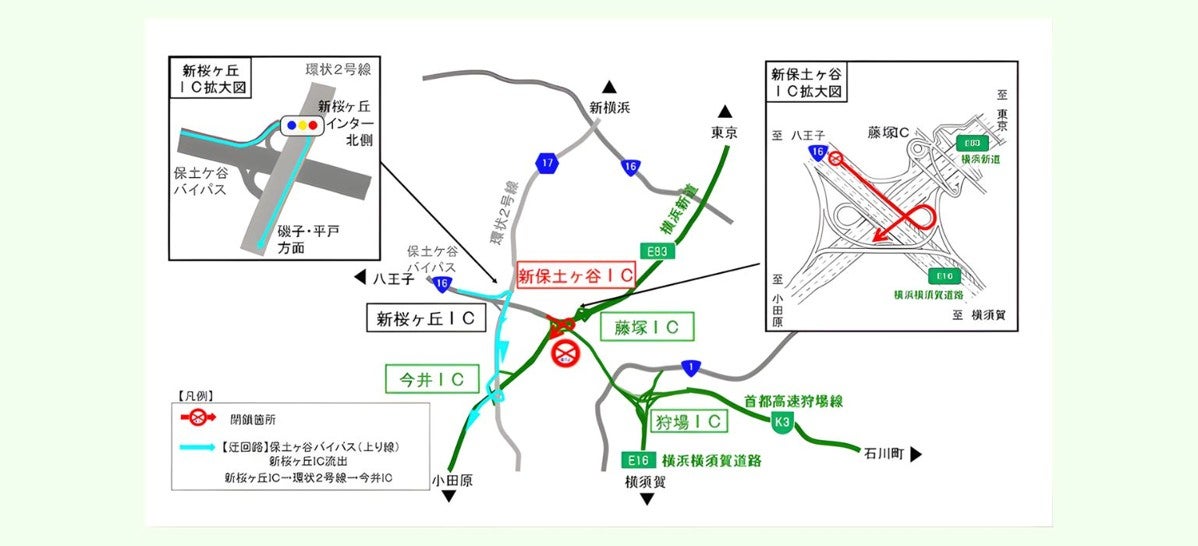 保土ヶ谷バイパス → 横浜新道下り線の迂回ルート(画像＝NEXCO東日本)