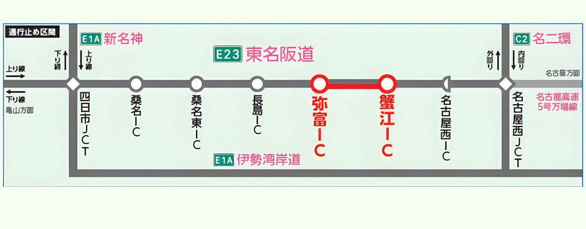 蟹江IC〜弥富ICの夜間通行止め区間図（画像＝NEXCO中日本）