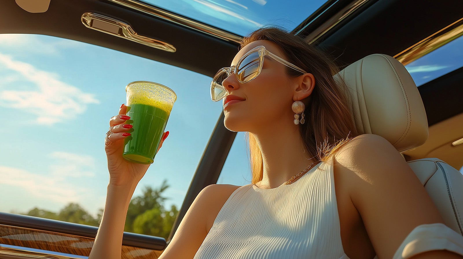 運転の疲労をとるようにのびをする女性