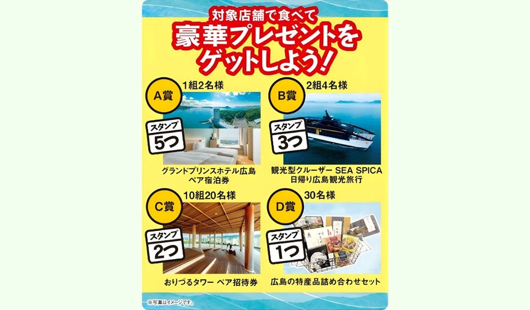 「瀬戸内かき海鮮食堂」スタンプラリーの豪華賞品：A賞：グランドプリンスホテル広島ペア宿泊券（スタンプ5つ）、B賞：観光型クルーザーSEA SPICA日帰り広島観光旅行（スタンプ3つ）、C賞：おりづるタワー ペア招待券（スタンプ2つ）、D賞：広島特産品詰め合わせセット（スタンプ1つ）（写真＝NEXCO西日本）