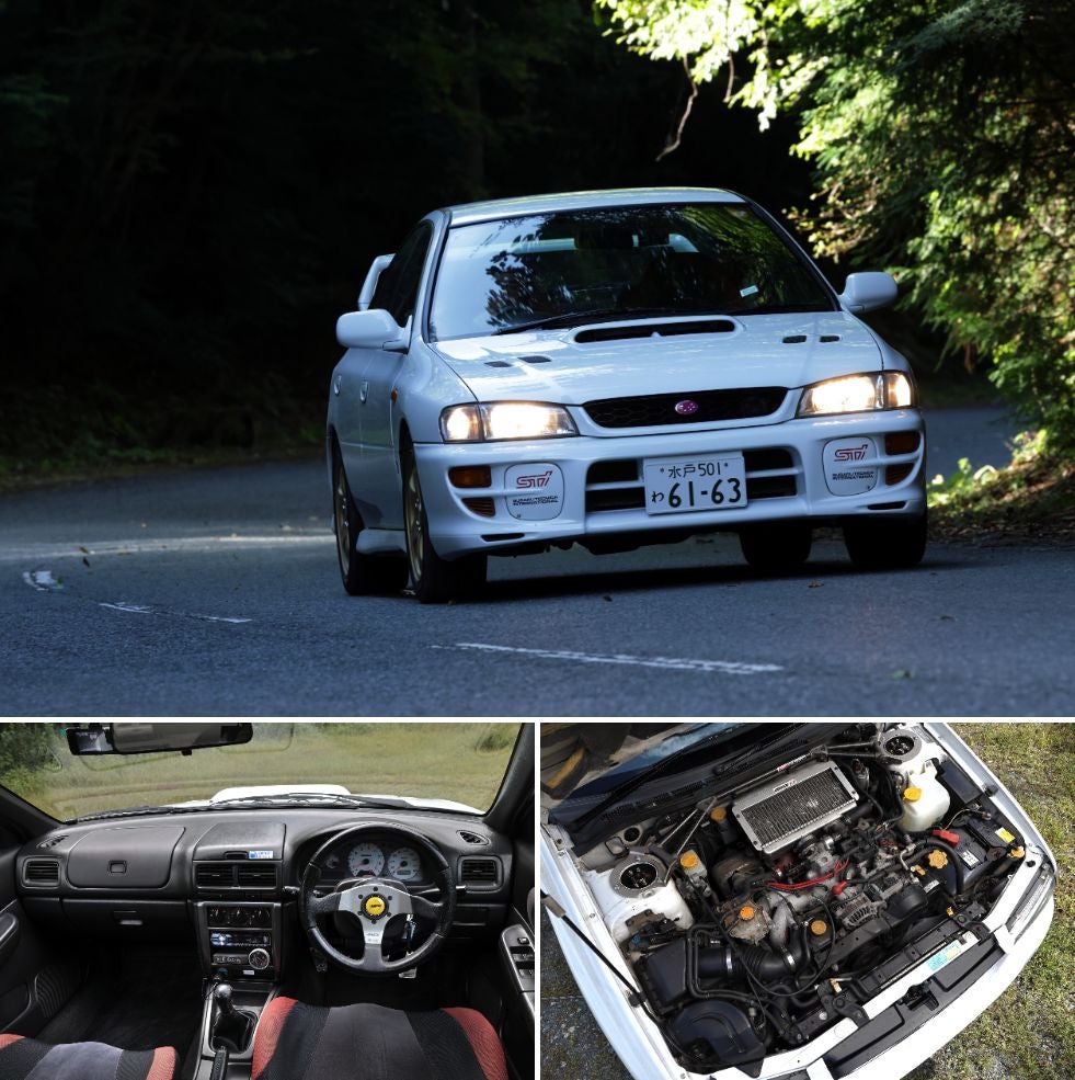 上段: 白いスバル インプレッサ WRX STi バージョンⅤがワインディングロードを走行する正面ビュー。フロントバンパーにSTiロゴと日本のナンバープレート 左下: スバル インプレッサ WRX STi バージョンⅤのインテリア。黒基調のダッシュボード、MOMOステアリング、赤いスポーツシート 右下: スバル インプレッサ WRX STi バージョンⅤのエンジンルーム。水平対向ターボエンジンとインタークーラーが見える
