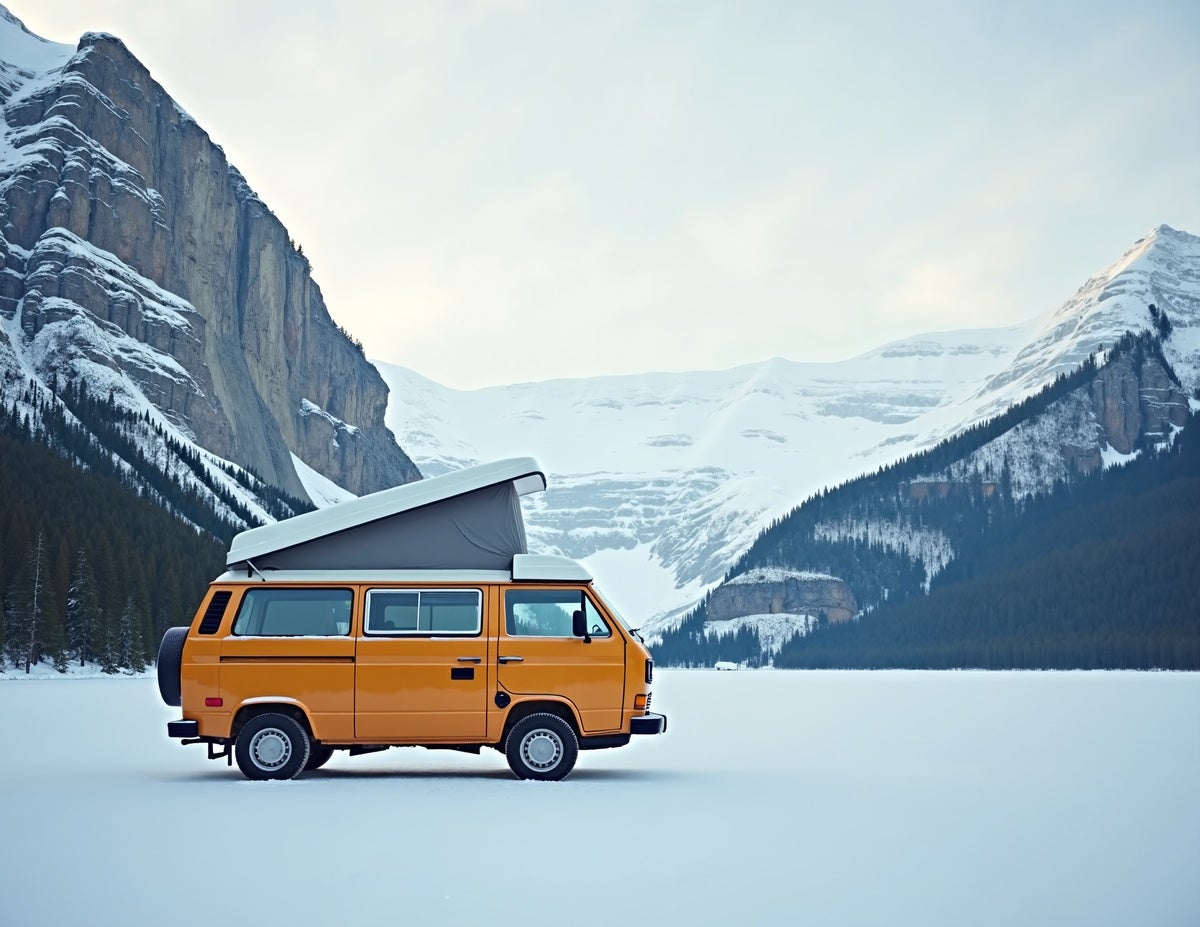 雪原に駐車する横向きのバン