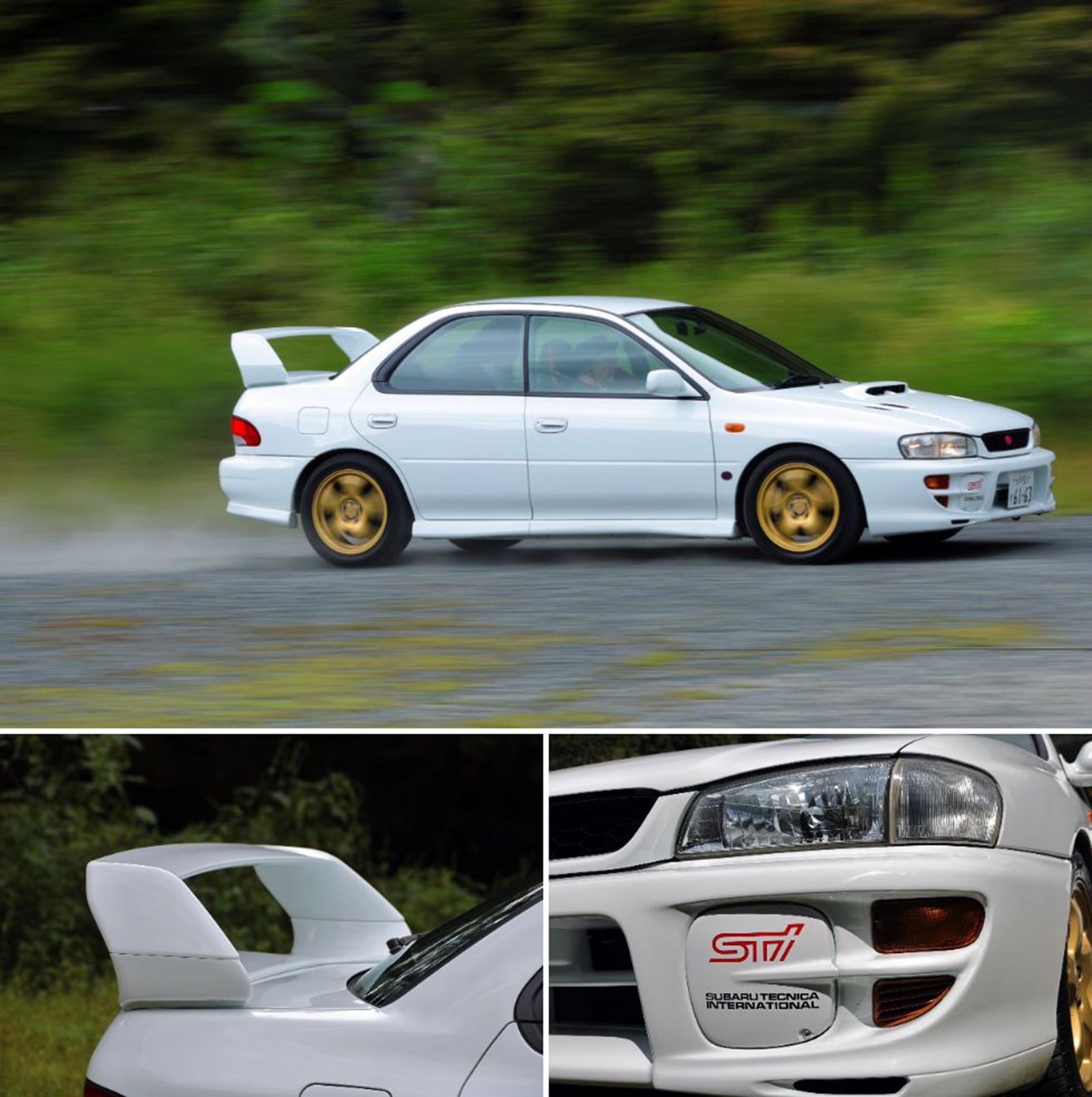 上段: 白いスバル インプレッサ WRX STi バージョンⅤが山道を走行する様子。ゴールドのアルミホイールと大型リアウイングが特徴 左下: スバル インプレッサ WRX STi バージョンⅤの大型リアウイングのクローズアップ 右下: フロントバンパーにSTiロゴが入ったスバル インプレッサ WRX STi バージョンⅤのディテール