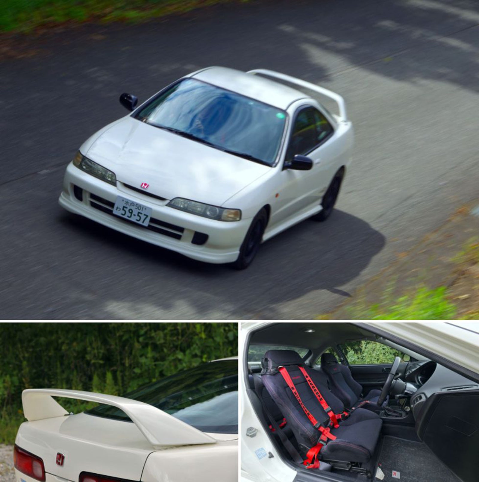 上段画像（走行シーン） 白いホンダ・インテグラタイプR（初代）が山道を走行する様子。フロントビューとサイドビューが見える 左下画像（リアビュー） ホンダ・インテグラタイプRのリアビュー。大型リアウイングと赤いタイプRエンブレムが特徴 右下画像（車内） ホンダ・インテグラタイプRの車内。赤いロゴ入りスポーツシートと4点式シートベルトが装備されている