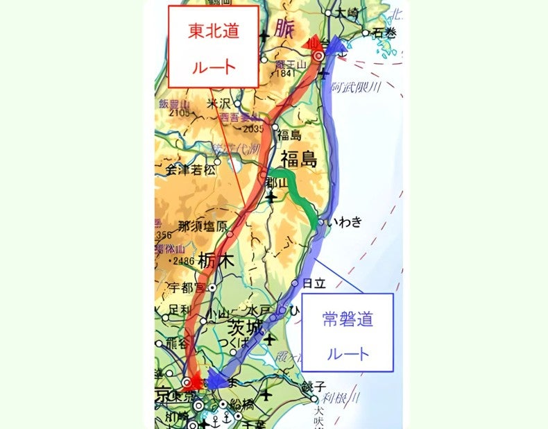 東北自動車道ルートと常磐自動車道ルートを示した地図
