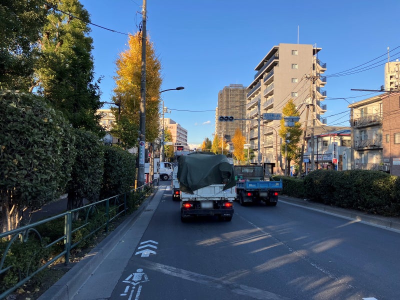 幹線道路から住宅街へ左折する道路沿いには街路樹が並んでいる
