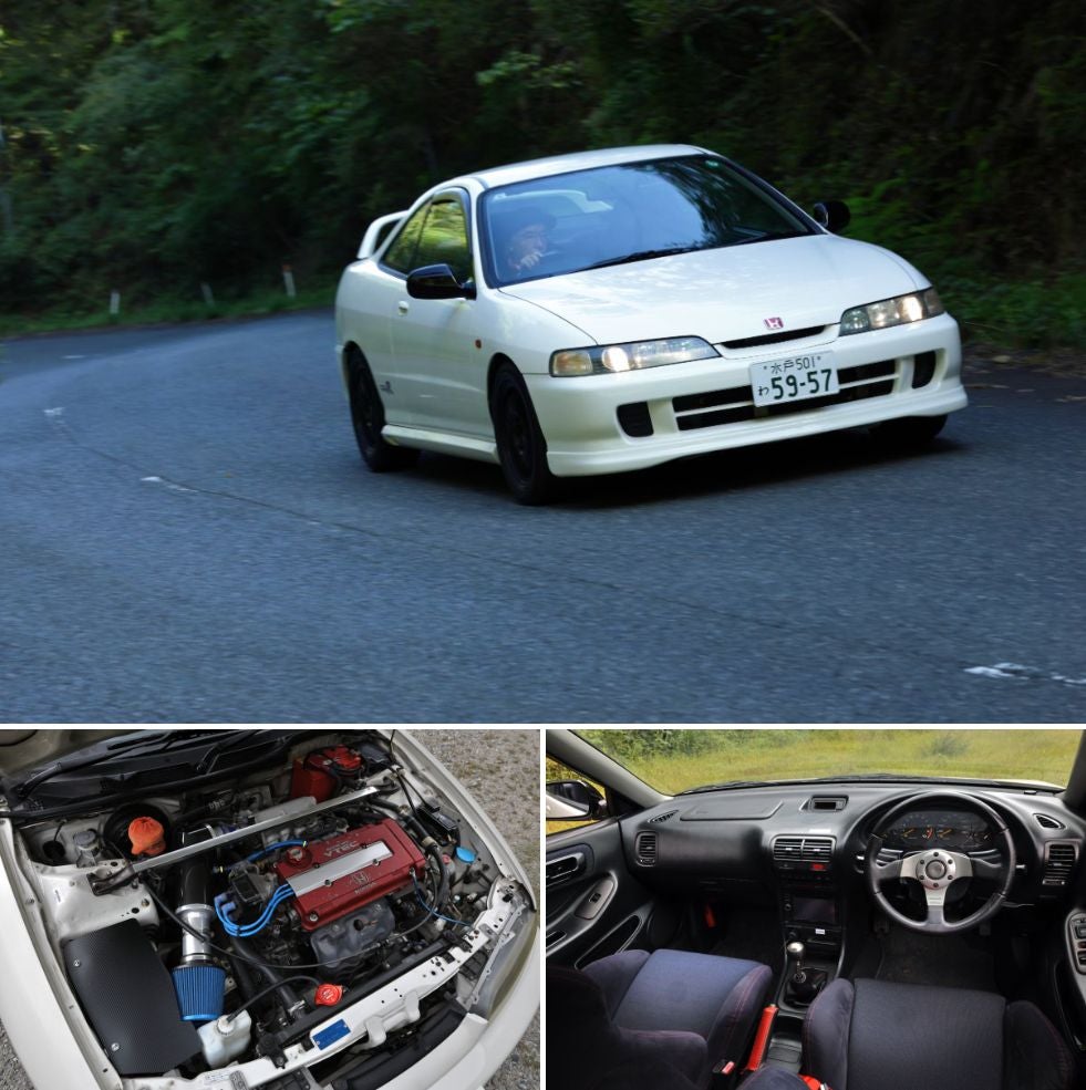 上段画像（走行シーン） 白いホンダ・インテグラタイプR（初代）がワインディングロードを走行する様子。フロントビューとサイドビューが見える 左下画像（エンジンルーム） ホンダ・インテグラタイプRのエンジンルーム。赤いヘッドカバーのVTECエンジンと社外エアクリーナーが特徴 右下画像（車内） ホンダ・インテグラタイプRのインパネまわり。MOMOステアリングと黒いスポーツシートが装備されている