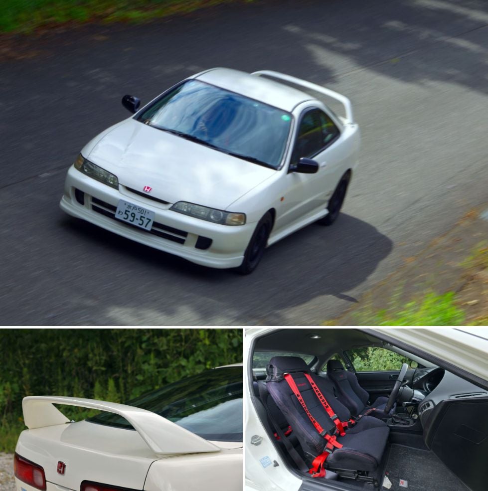 上段画像（走行シーン） 白いホンダ・インテグラタイプR（初代）が山道を走行する様子。フロントビューとサイドビューが見える 左下画像（リアビュー） ホンダ・インテグラタイプRのリアビュー。大型リアウイングと赤いタイプRエンブレムが特徴 右下画像（車内） ホンダ・インテグラタイプRの車内。赤いロゴ入りスポーツシートと4点式シートベルトが装備されている