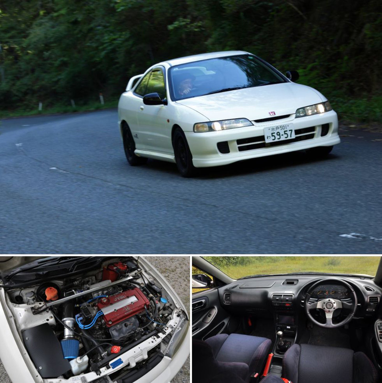 上段画像（走行シーン） 白いホンダ・インテグラタイプR（初代）がワインディングロードを走行する様子。フロントビューとサイドビューが見える 左下画像（エンジンルーム） ホンダ・インテグラタイプRのエンジンルーム。赤いヘッドカバーのVTECエンジンと社外エアクリーナーが特徴 右下画像（車内） ホンダ・インテグラタイプRのインパネまわり。MOMOステアリングと黒いスポーツシートが装備されている