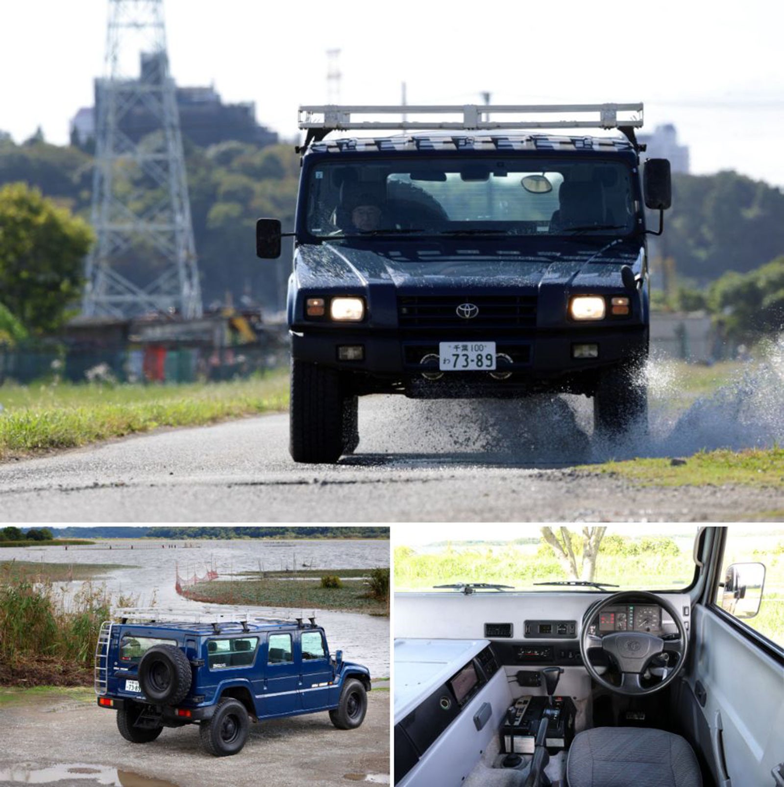 トヨタ・メガクルーザーのディテールを紹介する3分割写真 上段:画像紺色のメガクルーザーが水たまりを力強く走り抜け、大きな水しぶきを上げている正面からの走行シーン 左下画像:湖畔のほとりに停車するメガクルーザーのリアビュー。ルーフキャリア、ラダー、背面タイヤを装備した無骨な外観 右下画像:運転席側のインテリア。実用性を重視したシンプルなダッシュボードと、センターコンソールに配置されたシフトレバーなどの内装