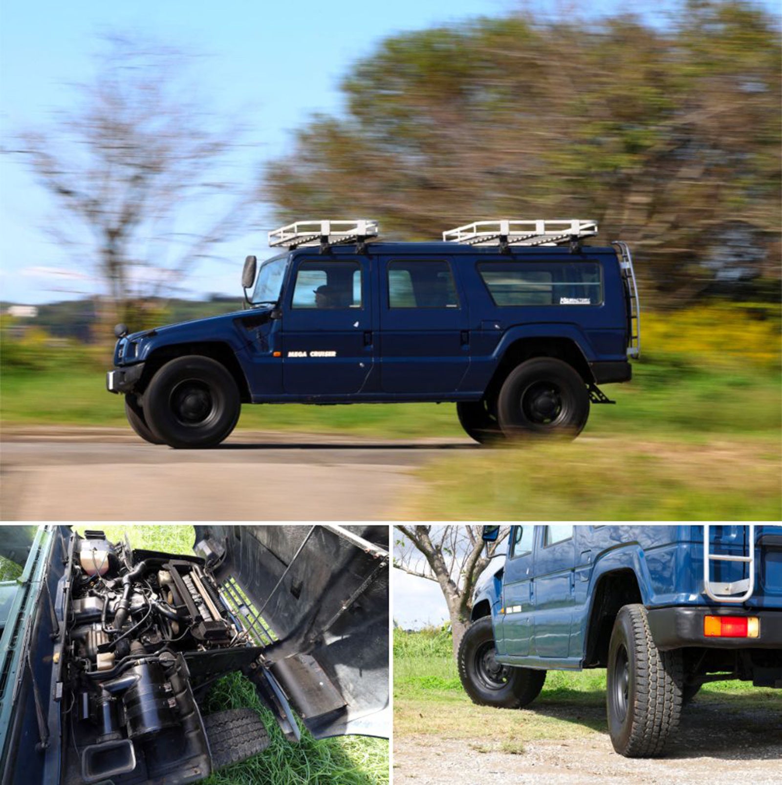 トヨタ・メガクルーザーのディテールを紹介する3分割写真 上段画像: 背景が流れるように写る、メガクルーザーの真横からの走行写真。ドアには「MEGA CRUISER」のロゴがあり、巨大な車体が強調されている 左下画像:フロントフードを大きく前方に開けた状態のエンジンルームの様子 右下画像:後輪付近のアップ。高い地上高と、オフロード走行に適した大きなタイヤ、堅牢なサスペンション構造が確認できる