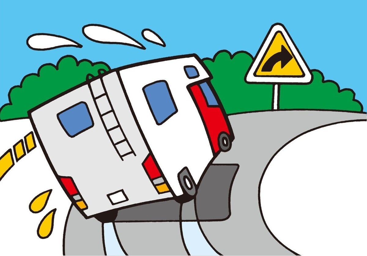 キャンピングカーがカーブでロールしているイラスト