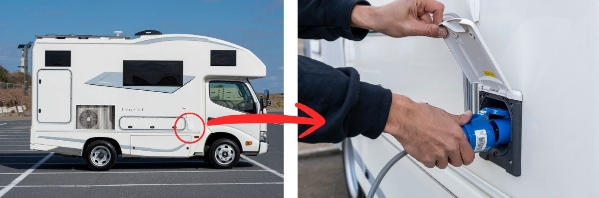 キャンピングカー全景とパワーインレットのアップ2枚組写真