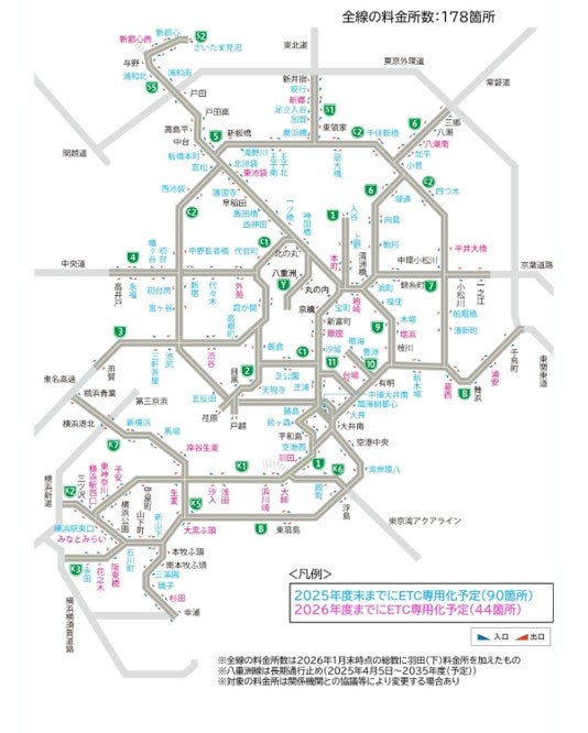 首都高のETC専用化計画を示した図。2025年度末までに専用化予定の90か所を青、2026年度に対象となる44か所をピンクで示している