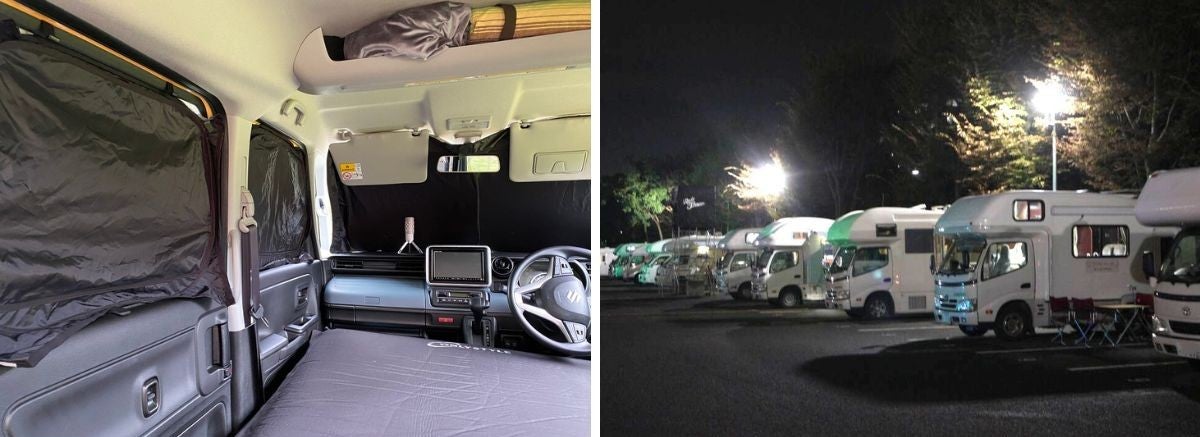 車中泊スタイルの車内とキャンピングカーが並ぶ駐車場風景