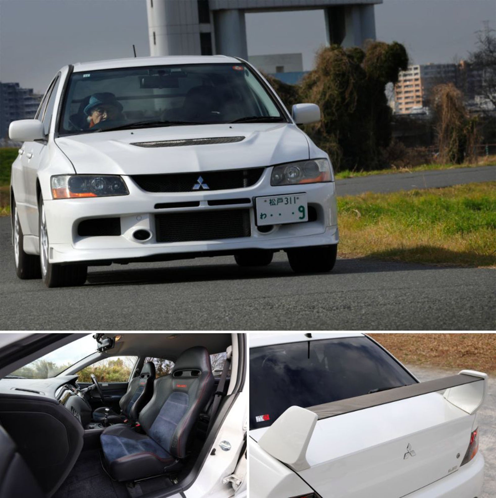 カーブを走行するランエボⅨと、フロントシート内装およびリアスポイラー