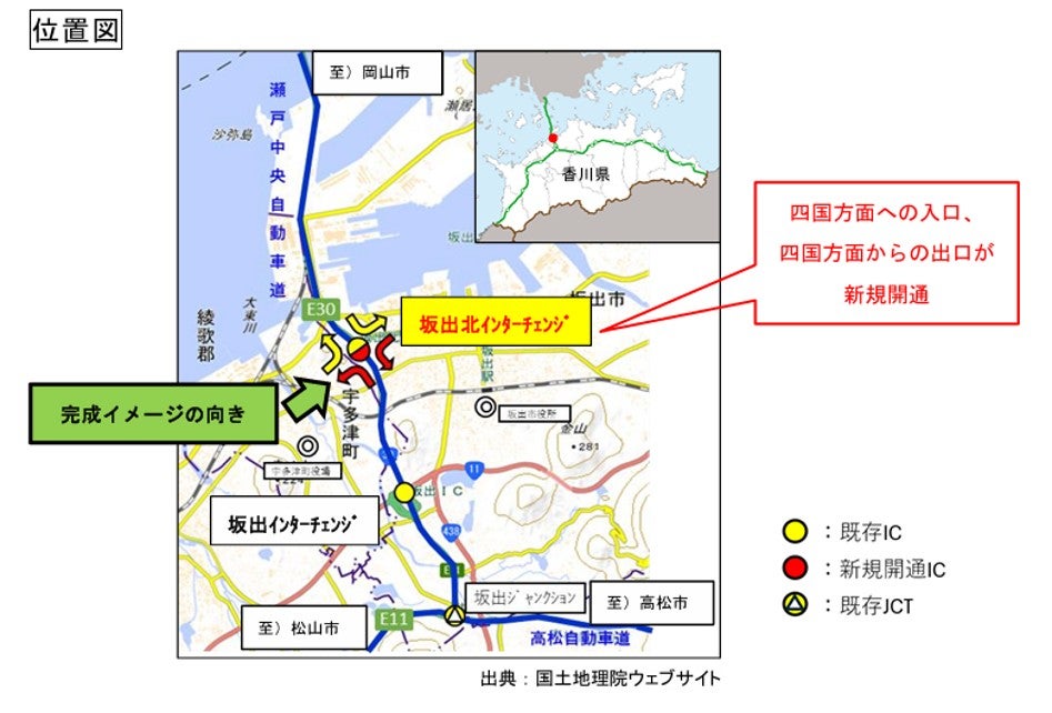 瀬戸中央自動車道の児島IC〜坂出IC間に設置される坂出北ICの位置図