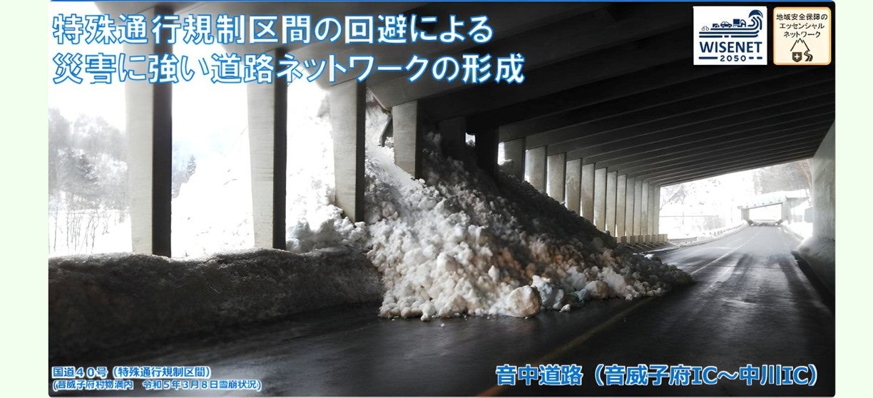 国道40号の並行現道で発生した雪崩の様子